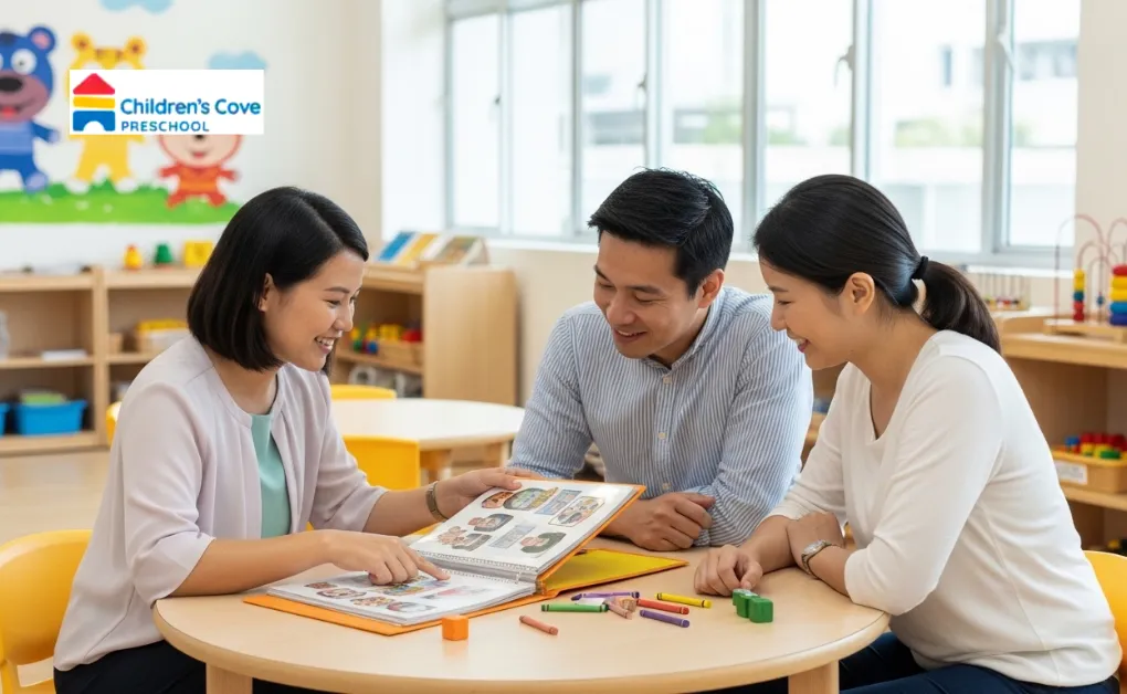 A friendly teacher and two parents having a positive conversation over a child's portfolio during a parent-teacher meeting at a modern Singapore preschool.