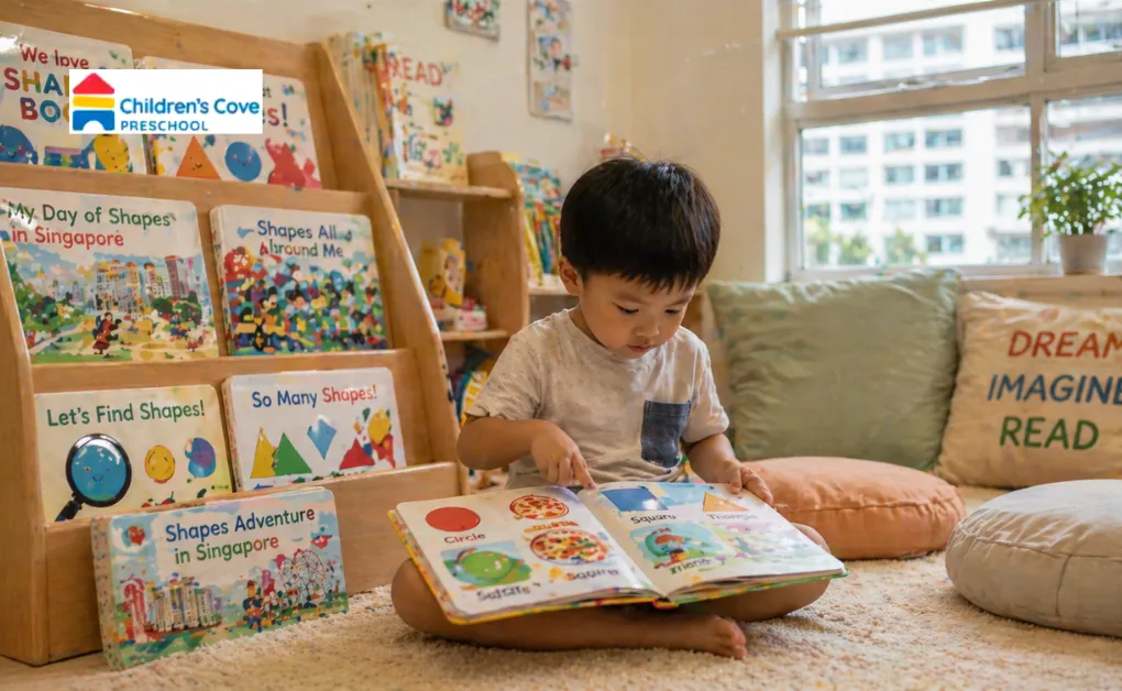 A child reading a colourful shape learning picture book in Singapore
