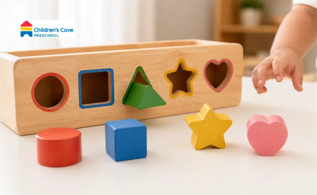 Wooden shape sorting toy with colourful geometric blocks showing how to teach shapes to preschoolers in a fun way
