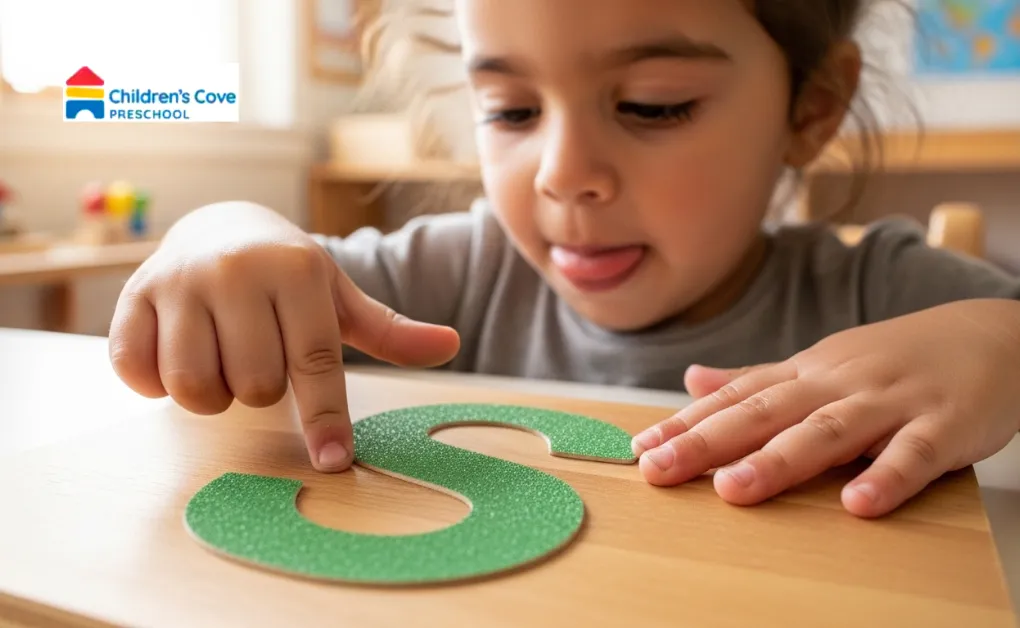 A preschooler tracing a textured sandpaper letter S to learn its shape and sound