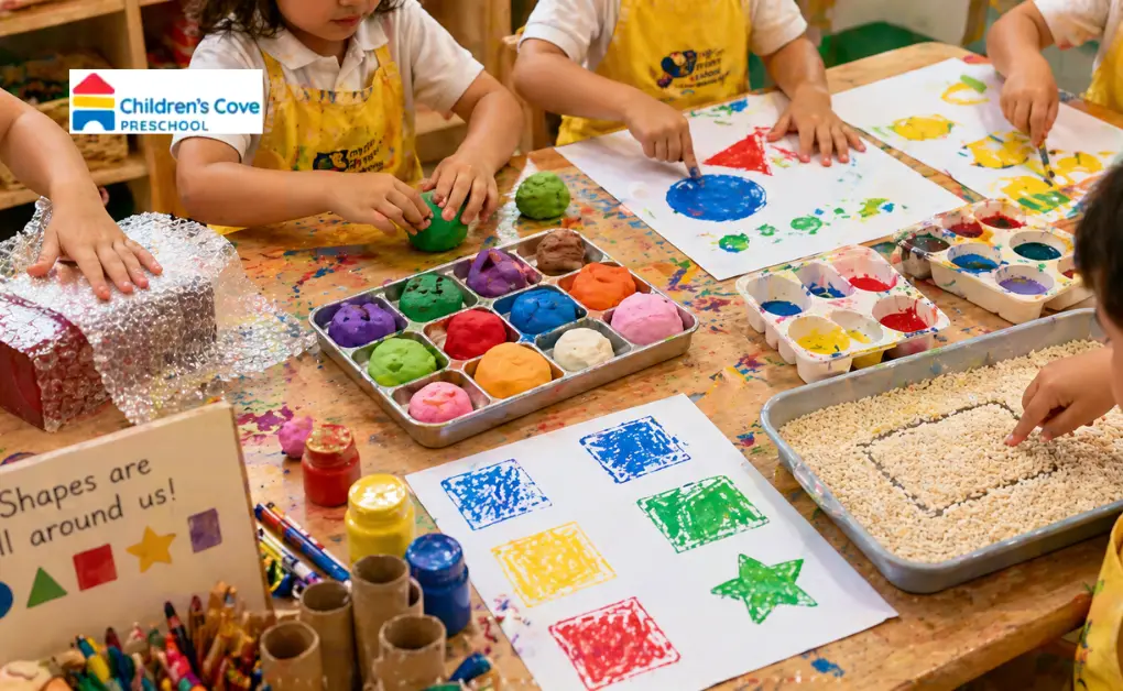 Singapore preschoolers doing hands-on shape crafts with playdough, finger painting, and sensory rice tray activities
