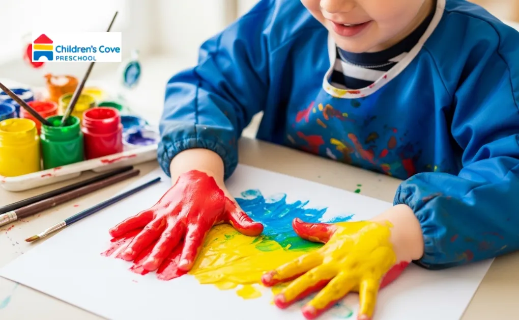 A preschooler finger painting with bright colors during language and literacy activities for preschoolers, exploring early writing through messy art