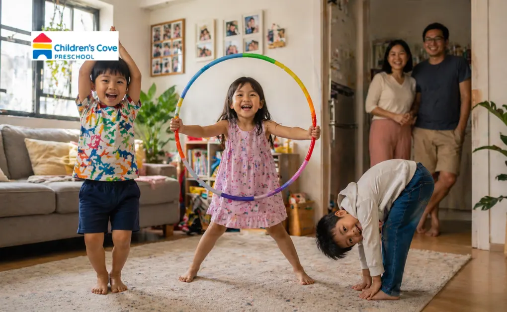 Singapore children playing active shape games at home in casual clothes, making triangles, circles, and rectangles with their bodies in an HDB living room
