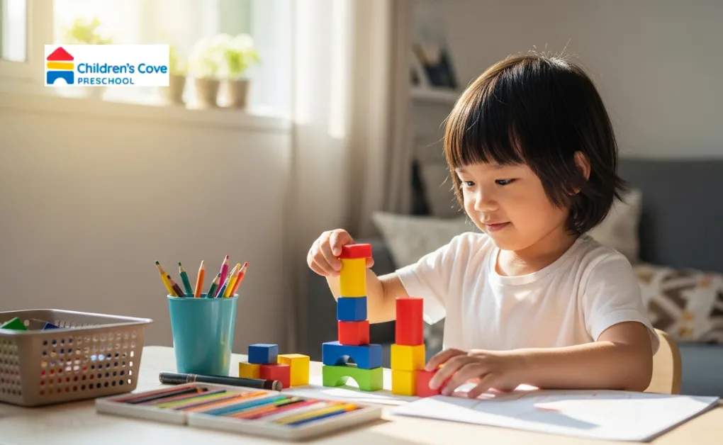 A child engaged in building blocks, one of the best problem-solving activities for preschoolers in Singapore to develop critical thinking skills.