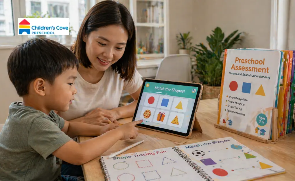 Preschool child using a tablet shape learning app with assessment books at home in Singapore
