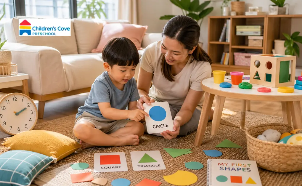 Parent and child learning basic shapes at home through a fun hands-on activity with flashcards, colorful toys, and paper cutouts in a cozy living room environment.