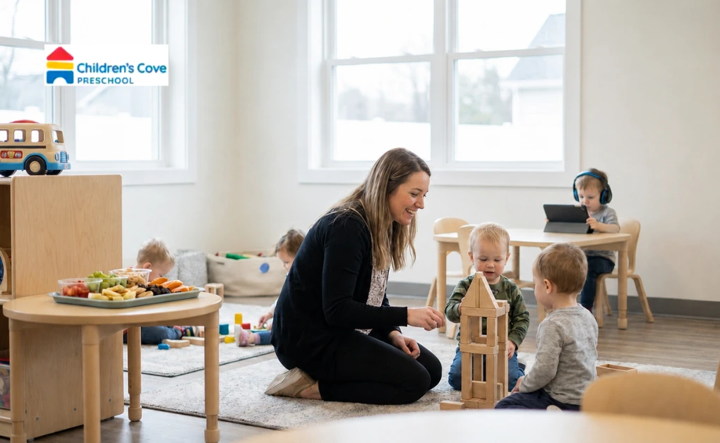Happy teacher playing with kids highlighting child care facilities and extra services for overall development