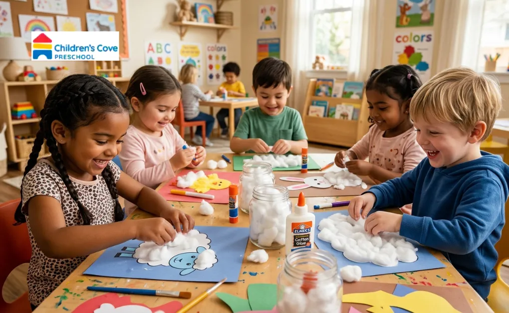 Preschoolers doing a cotton ball craft activity to create fluffy sheep and rabbit designs with glue in a classroom setup.