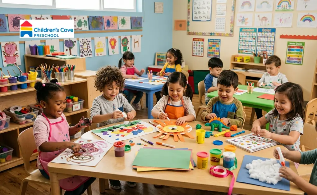Young kids enjoying fun and easy craft activities for preschoolers inside a bright classroom environment.