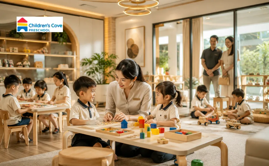 Teacher guiding children to see does paying more mean better child care in a modern learning environment