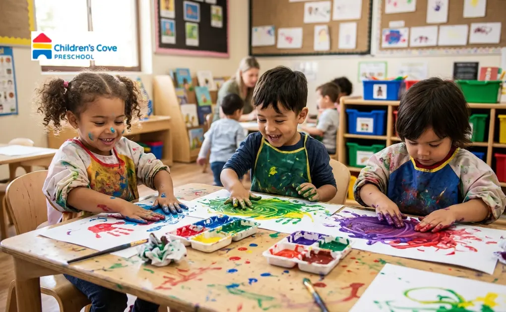 Young children enjoying a messy finger painting activity with vibrant washable paints at a classroom table.