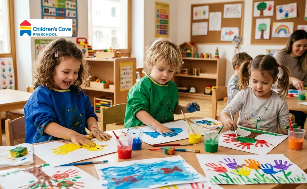 Young preschoolers making creative handprint art projects like painted birds, trees, and flowers at a classroom table.