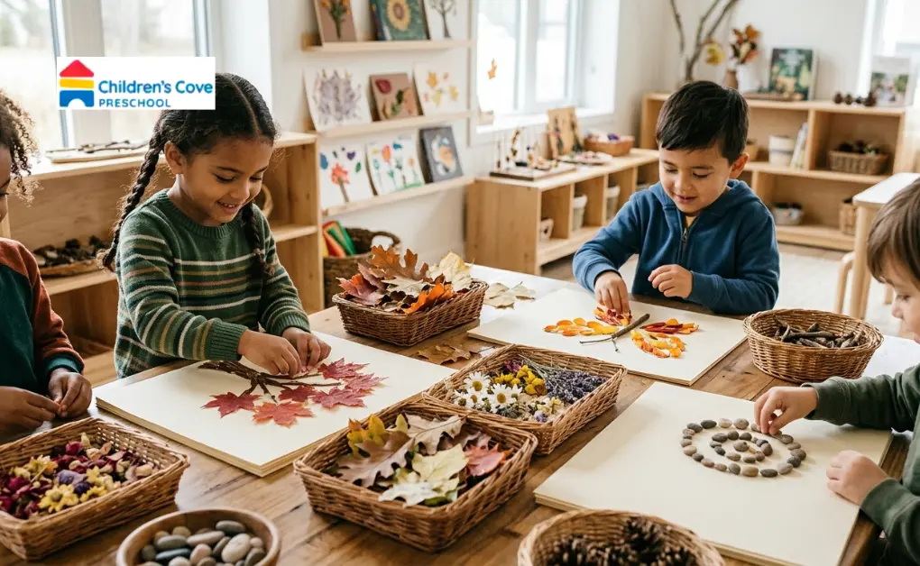 Young children making a nature collage craft using collected autumn leaves, flowers, and small stones on paper sheets.