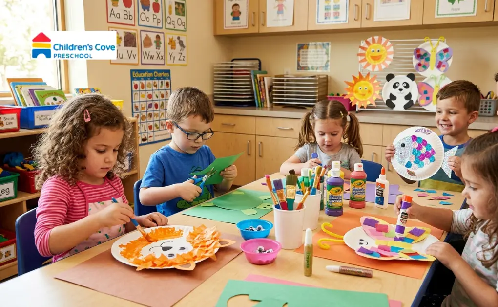 Preschoolers creating diverse paper plate animal crafts including a lion and fish using paint, glue, and coloured paper.