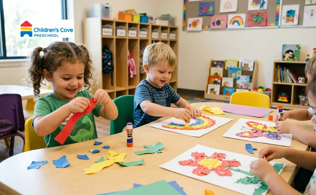 Preschoolers happily engaged in a paper tearing and pasting activity to create colourful rainbow and flower designs.