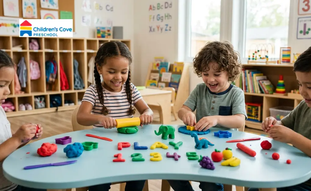 Happy young children engaged in playdough craft activities to shape letters, numbers, and animals at a table.