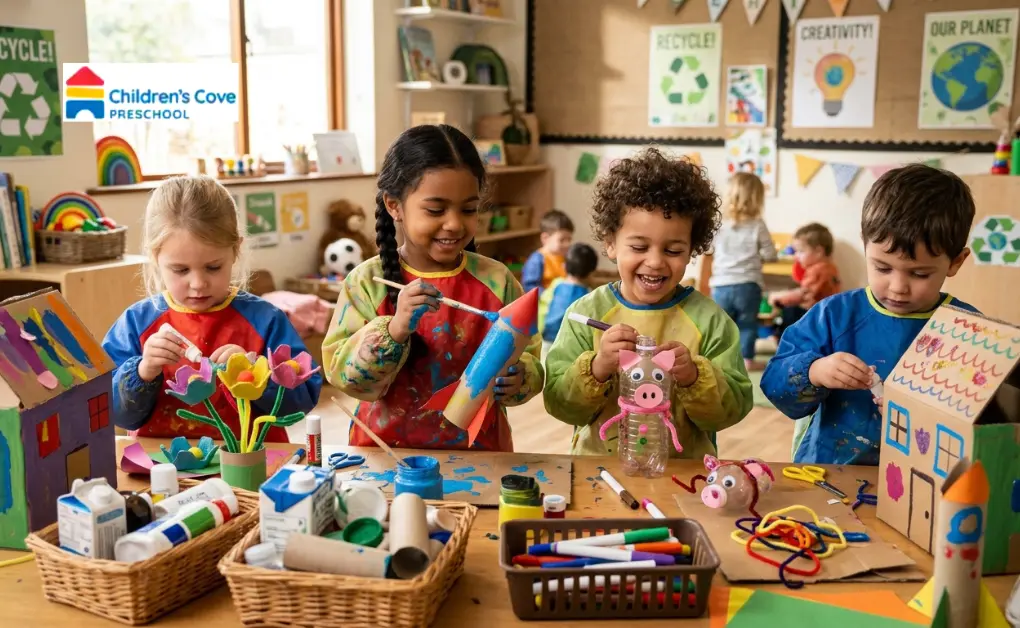 Preschool children creating recycled crafts for preschoolers like egg carton flowers and bottle animals in a classroom.