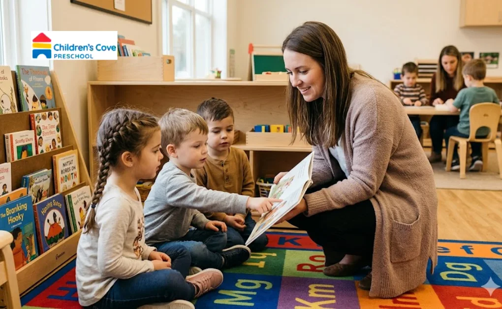 Teacher reading to toddlers showing the benefit of small group sizes in childcare centers for better learning