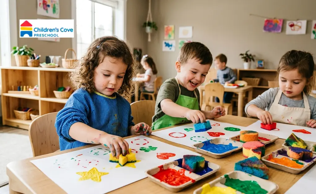 Preschoolers enjoying an interactive sponge painting activity by stamping star and heart shapes with bright paints.