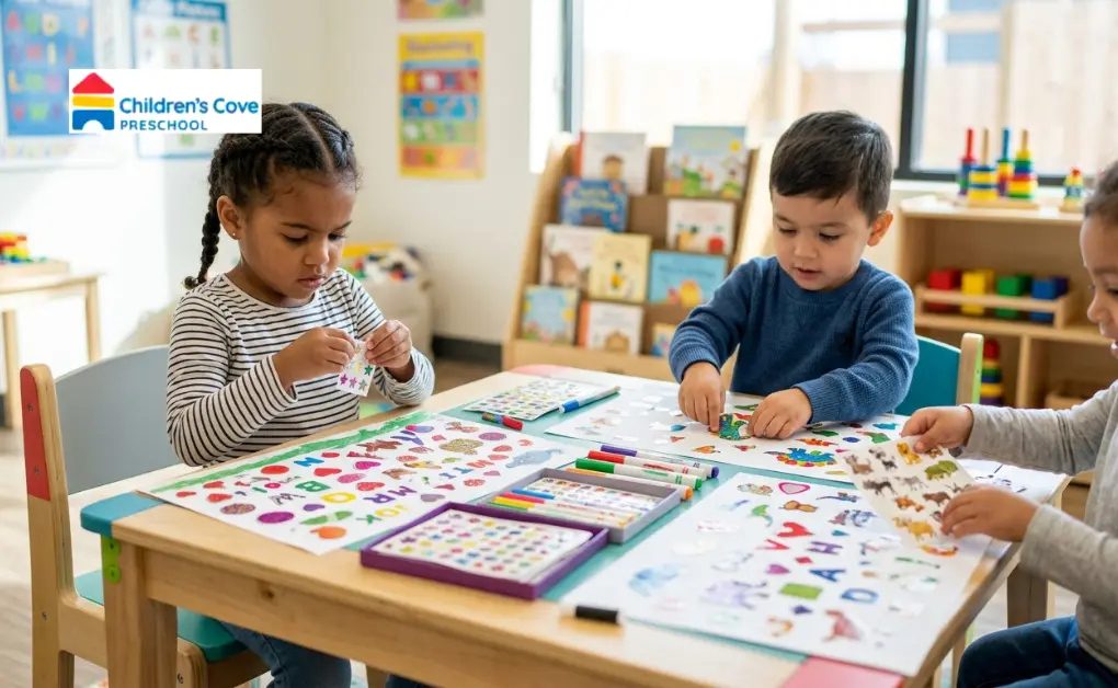 Young preschoolers focused on a sticker art activity using colourful shape and animal stickers on large paper sheets.