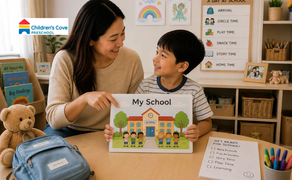 Mother preparing her child for an preschool by reading a "My School" picture book together