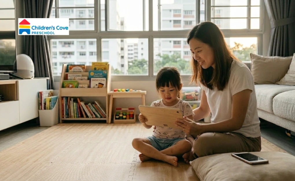 A mother and young child using a tablet together at home, reflecting healthy screen time for children in Singapore