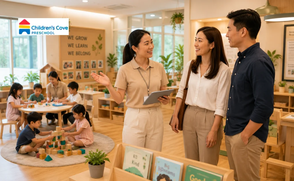 Parents touring an ECDA preschool in Singapore as a teacher explains the classroom setup