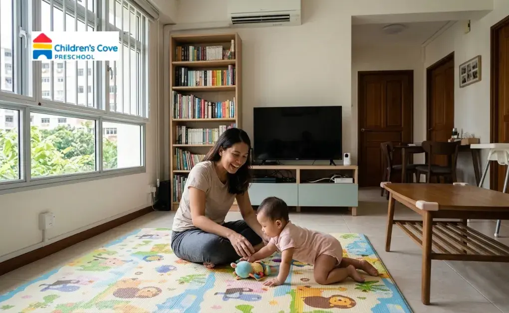 Mother playing with her baby on a padded mat in a living room to ensure proper Baby Safety at Home