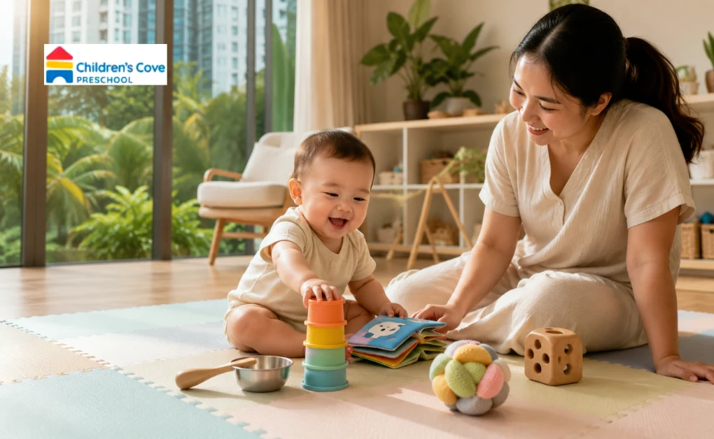A smiling baby and caregiver playing with stacking cups and sensory toys on a mat, representing engaging 6-month-old baby activities in Singapore.
