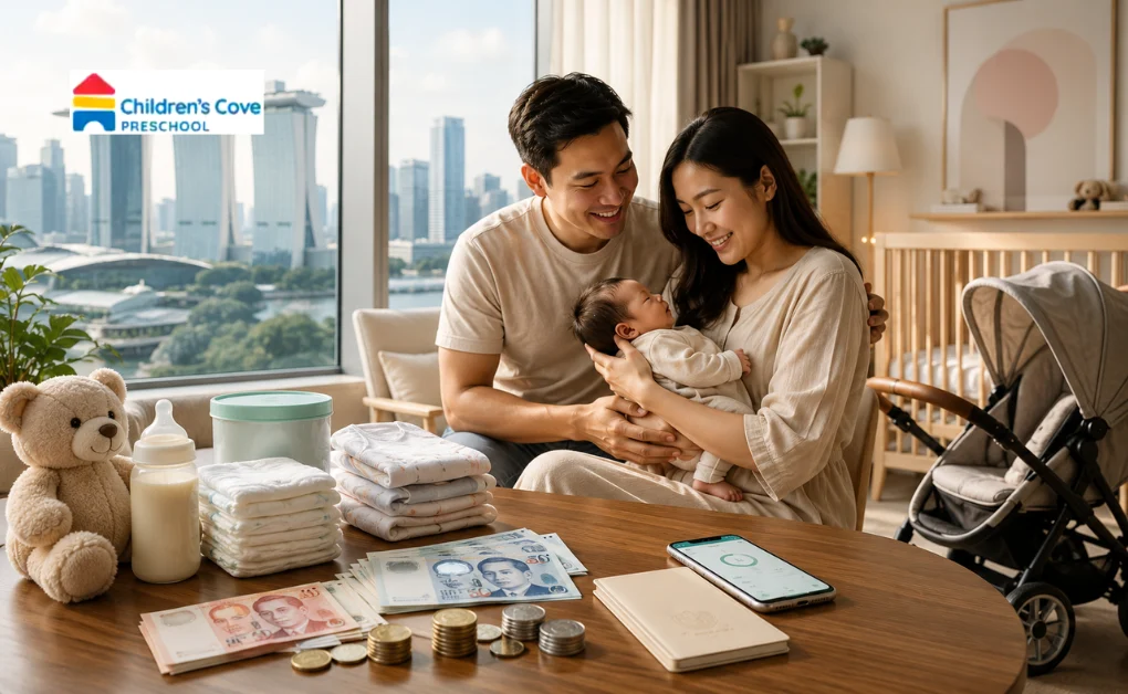 Parents holding their newborn baby with Singapore Baby Bonus Scheme cash gift and CDA savings displayed on the table