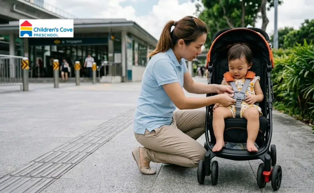Mother buckling the harness on a baby in a stroller to ensure safety while out and about