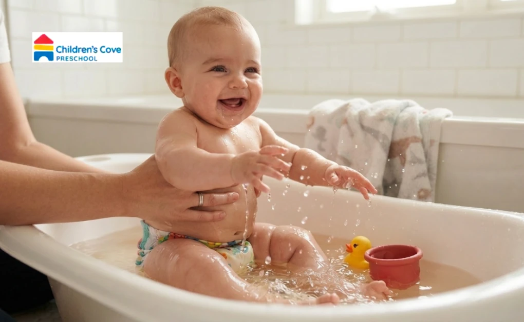 A happy baby splashing in a bathtub under caregiver supervision, showcasing gentle water play