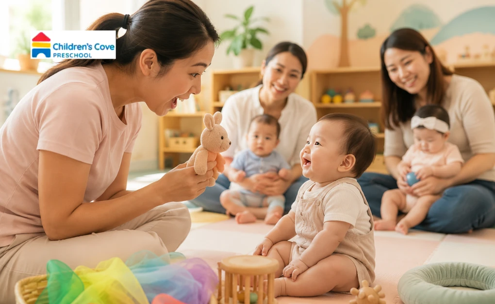 Babies and mothers in a group session, facilitator supporting emotional development in Babies