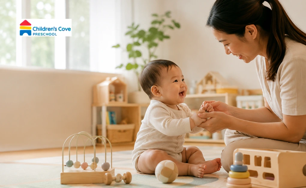 Baby and mother making eye contact, an early step in emotional development in Babies