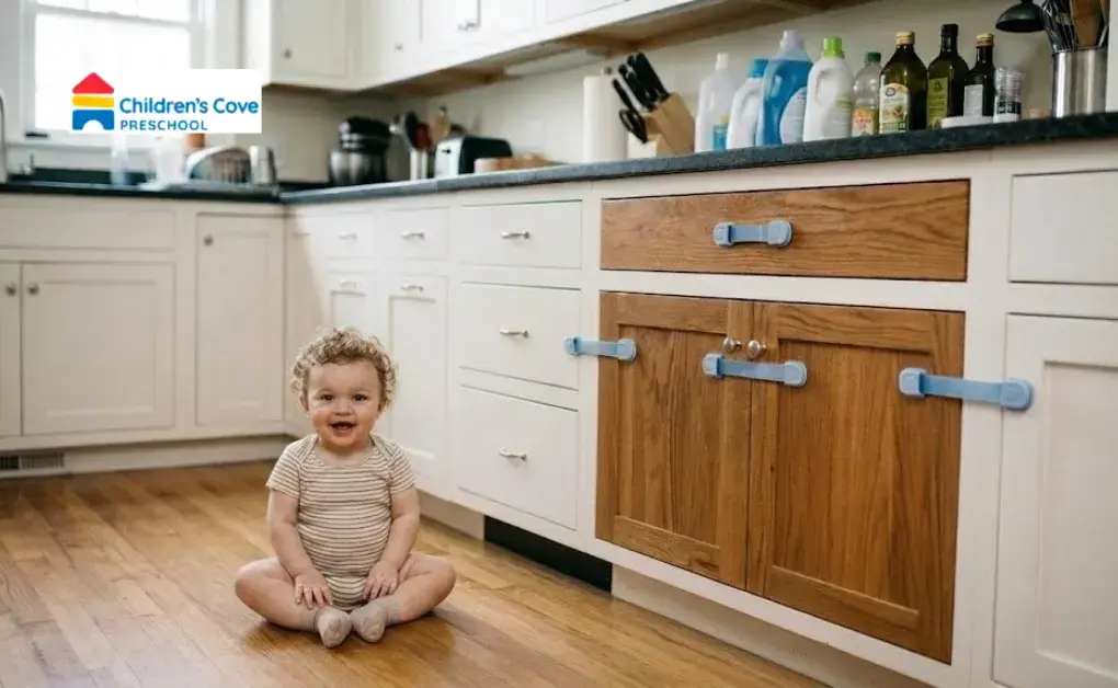 Childproof latches on low kitchen cabinets and drawers to ensure Infant Safety at Home