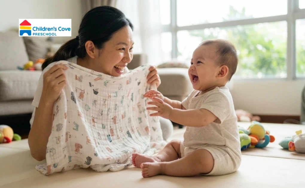 A mother playing peekaboo with her laughing baby, showing a simple 6-month-old baby activity to encourage development.