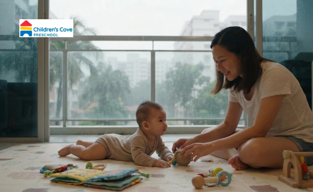 A caregiver and baby playing together on an indoor mat while it rains outside, demonstrating cosy baby activities for those rainy day