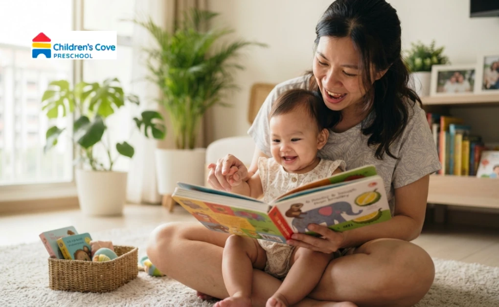 A caregiver reading a book to an engaged baby, illustrating how reading together is one of many wonderful 6-month-old baby activities.
