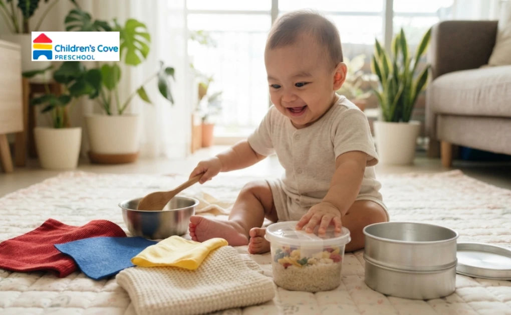A happy baby exploring various household textures and items, a wonderful example of sensory play baby activities.