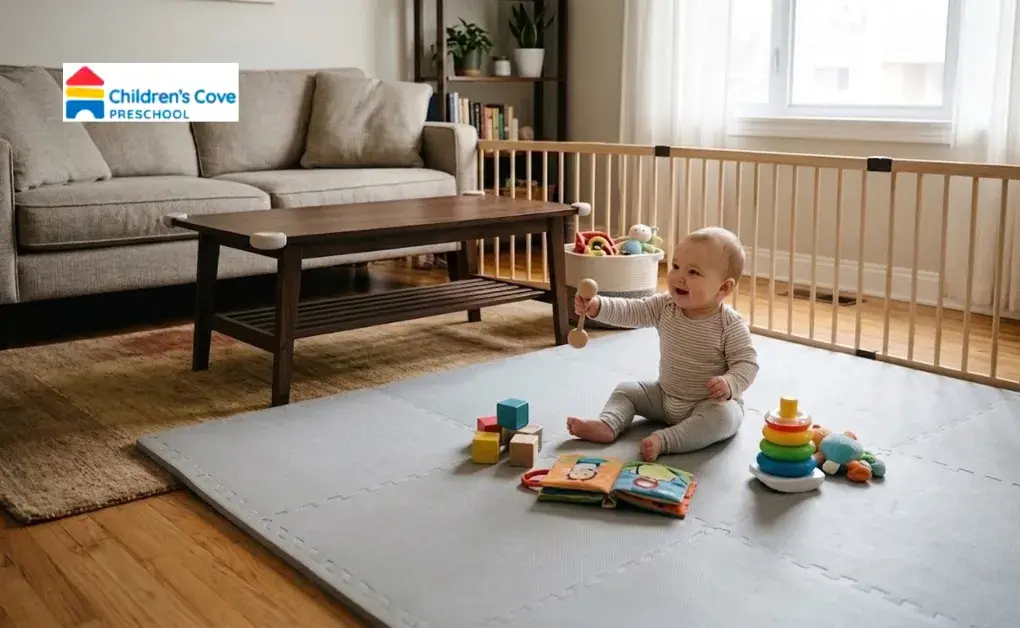 Baby playing on a padded mat in a hazard-free living room area designed for Child Safety