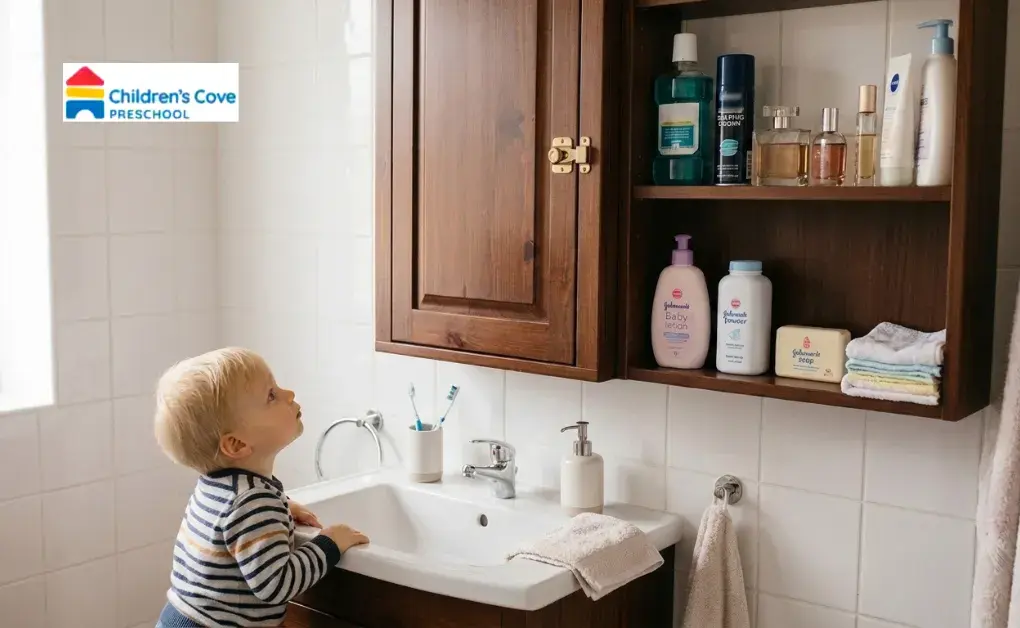 Locked bathroom cabinet to store medicines and toiletries separately for better Baby Safety