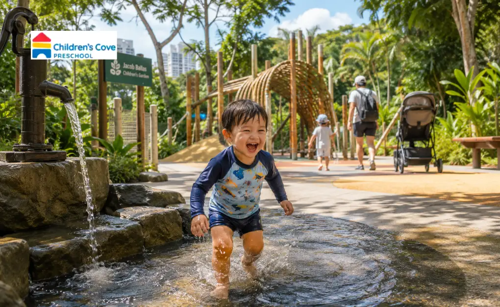 Toddler playing at Jacob Ballas water area, one of the best places to bring toddlers in singapore for fun activities.
