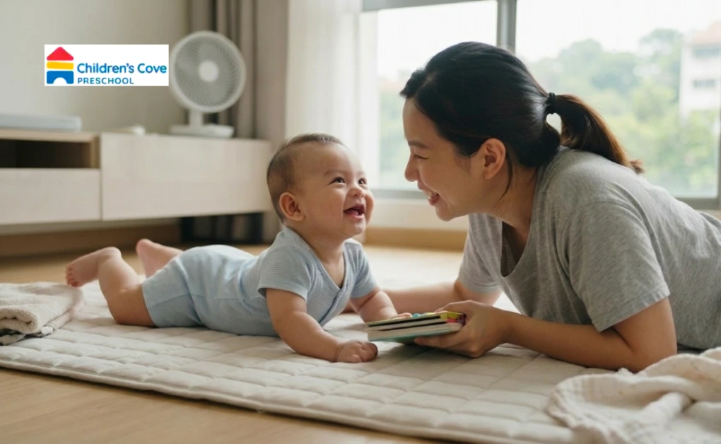 A mother smiles at her happy baby doing tummy time on a mat, an essential gross motor skill activity for infants in Singapore.