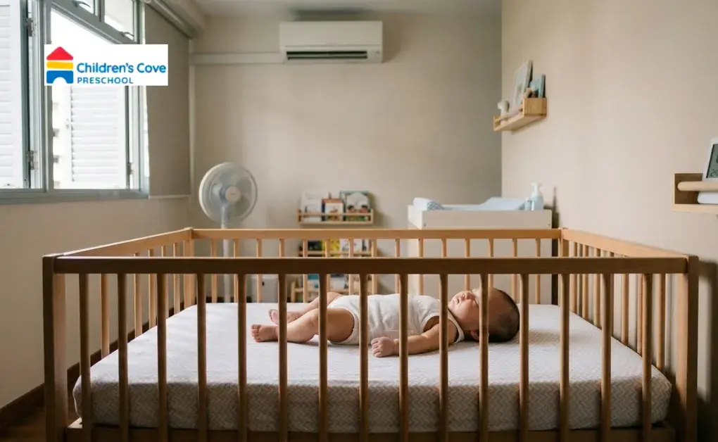 Baby sleeping on a firm mattress in a cot without soft bedding or pillows to prioritize Baby Safety at Home