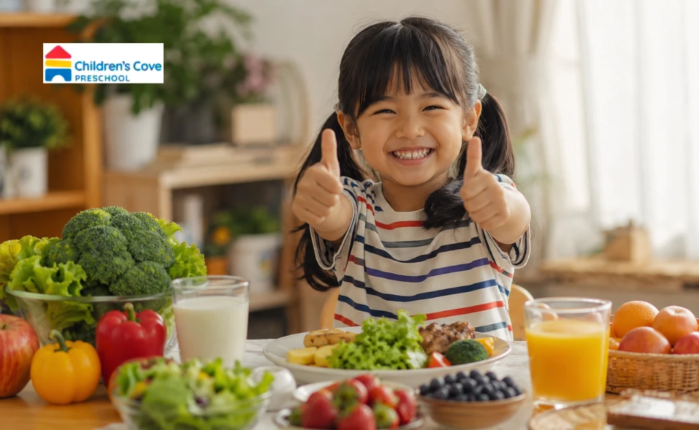 Smiling girl giving thumbs up with fresh fruits and vegetables, showing how to boost the immune system in kids naturally